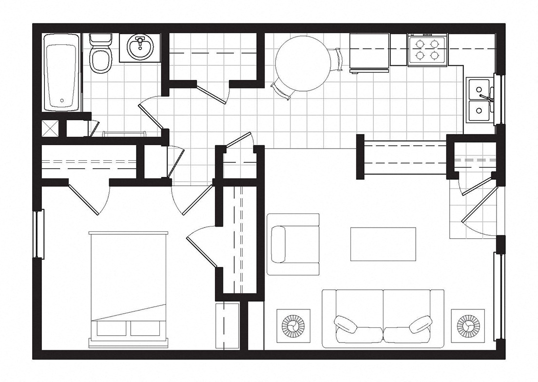 Floor plan for 1 bed, 1 bath, 570 sqft